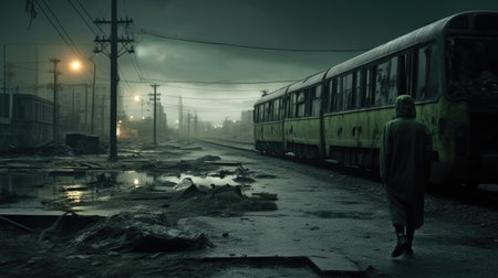 Old train in the fog at night with a man walking on the roadの素材