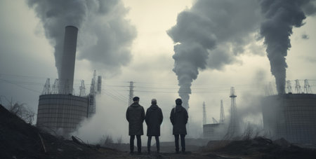 Three men standing in front of a nuclear power plant with smoke coming out of pipesの素材