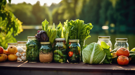 Variety of fresh organic vegetables in glass jars on wooden table.の素材