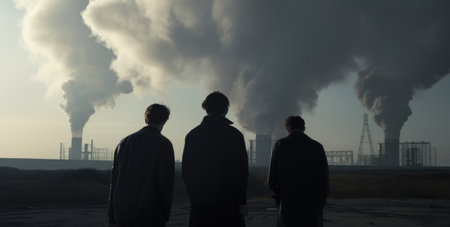 Silhouette of a group of people in front of a nuclear power plant.の素材