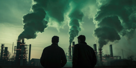 Two men looking at the smoking chimneys of a power plant.の素材