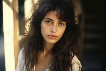 Portrait of a beautiful young woman with long curly hair in a white shirtの素材