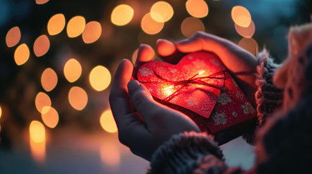 Female hands holding a heart shaped box with a gift on the background of the Christmas treeの素材