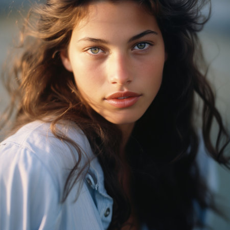 Portrait of a beautiful young woman with curly hair on the beachの素材