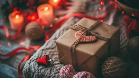 Gift box wrapped in craft paper and tied with twine and red ribbons on wooden background. Christmas decorations.の素材