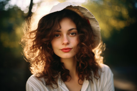 Portrait of a beautiful young woman with curly hair in a hat.の素材