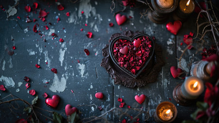 Valentine's Day background with red hearts and candles on dark backgroundの素材