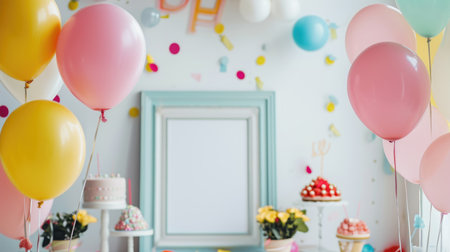 Birthday party background with colorful balloons, cake and photo frame.の素材
