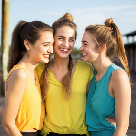 Portrait of three smiling young women in yellow and blue shirts.の素材
