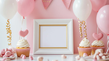Birthday cupcakes with pink and white decorations and blank photo frameの素材