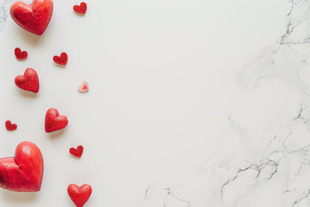 Valentine's day background with red hearts on white marble tableの素材
