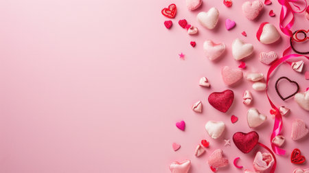 Valentine's day background with hearts and ribbon on pink backgroundの素材