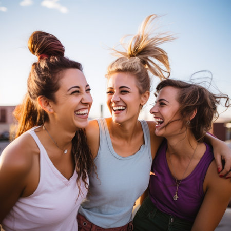 Portrait of three happy young women laughing and having fun outdoors.の素材
