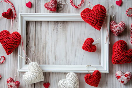 Valentine's day background with red hearts and white frame on wooden backgroundの素材