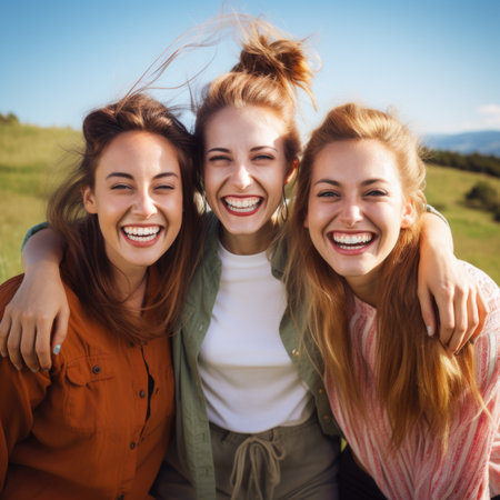 Portrait of three beautiful young women laughing and having fun outdoors.の素材
