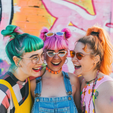 young beautiful hipster girls having fun and posing cheerful in the cityの素材