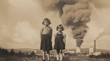 Two girls in school uniform against nuclear power plant. Black and white image.の素材