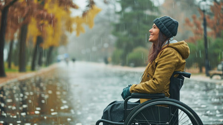 Young woman in a wheelchair in the rain. Selective focus.の素材