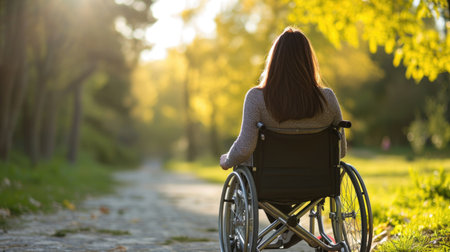 Young woman in a wheelchair in a park in the rays of the setting sunの素材