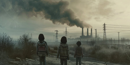 Children and smoke from the chimney of a power plant in winterの素材