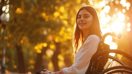 Young woman in wheelchair in the park at sunset. Concept of disabled people.の素材