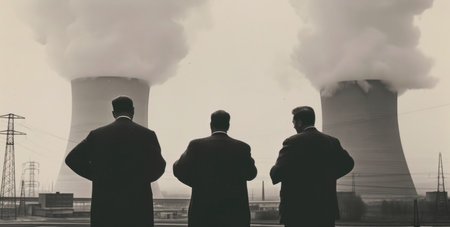 Group of business people standing in front of nuclear power plant with smokeの素材