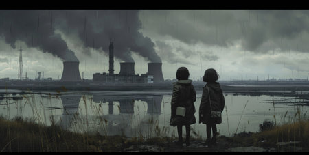 Two little girls standing in front of a nuclear power plant with heavy rainの素材