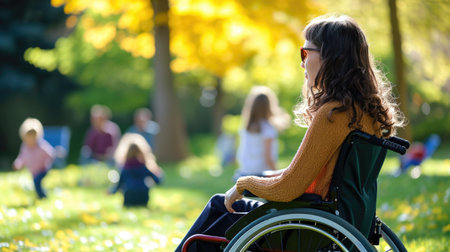 Disabled young woman in wheelchair in park on sunny autumn day.の素材