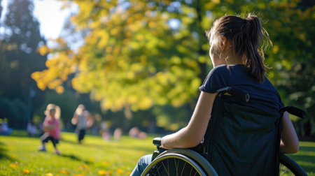 Young woman in a wheelchair in the park on a sunny day.の素材