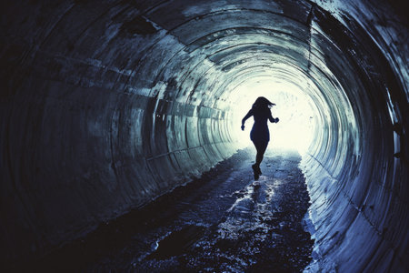Woman running in a tunnel. Photo in old color image style.の素材
