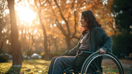 Disabled man sitting in a wheelchair in the park at sunset.の素材