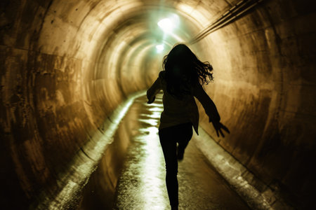 Woman running in a tunnel with light at the end of the tunnelの素材
