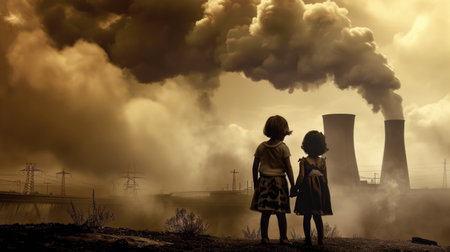 Two little girls looking at a nuclear power plant with smoke coming outの素材