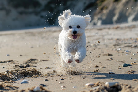 Bichon frise running in the sand on the beach.の素材