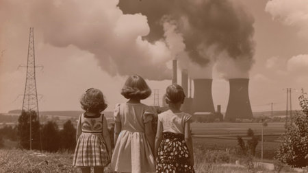 Children looking at the nuclear power plant. Black and white photo.の素材