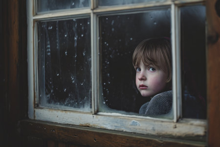 Sad little boy looking out the window of a wooden house in winterの素材