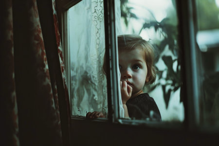 Sad little girl looking out of the window. Sadness and depression conceptの素材