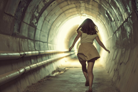 Young woman walking in a tunnel with lights coming from the end.の素材