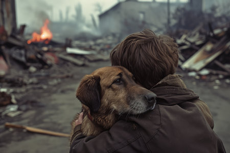 Homeless man with a dog on the background of a burning houseの素材