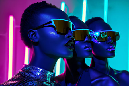 Group of female mannequins wearing fashionable sunglasses in neon lightの素材
