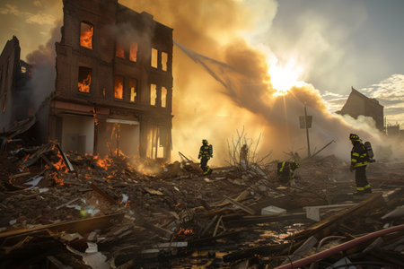 Firefighters extinguish a fire in a building with smoke and flamesの素材