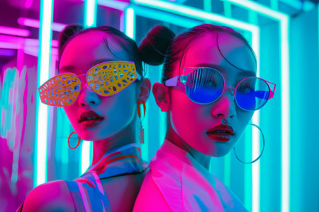 Portrait of two beautiful fashion women in sunglasses posing in neon light.の素材