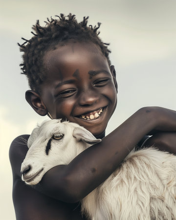 A young boy is holding a goat and smiling. The goat is white and has black spots. The boy is wearing a black shirt and shorts. The scene is bright and cheerful, with the boyの素材