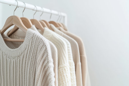 Women's sweaters on hangers in a row on white backgroundの素材