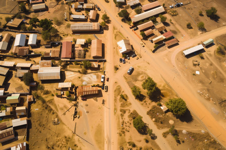 A desert town with a dirt road and a few buildings. The buildings are made of metal and are clustered togetherの素材