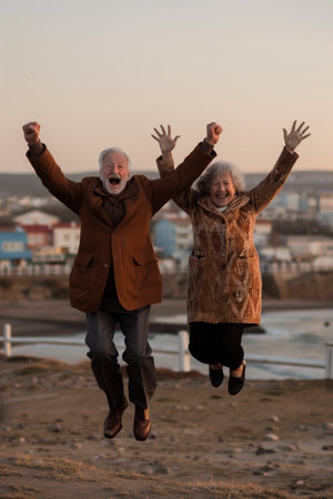 A couple of older people are jumping in the air, one of them is wearing a brown coatの素材