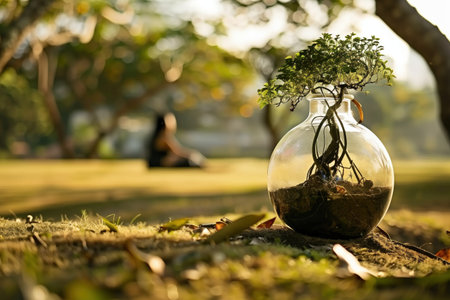 A small tree is in a glass vase on the ground. The vase is surrounded by grass and leaves. The scene is peaceful and serene, with the tree providing a sense of calm and tranquilityの素材