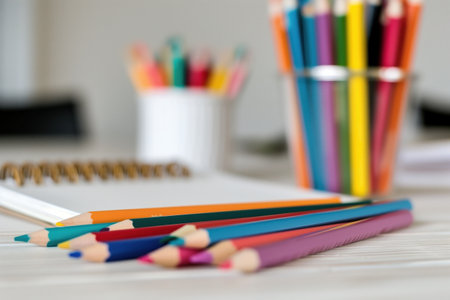 A bunch of colorful pencils are on a table next to a notebook. The pencils are arranged in a row, with some of them being blue, red, and green. The scene suggests a creative and artistic atmosphereの素材
