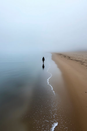 Silhouette of a man standing on the beach in the fogの素材