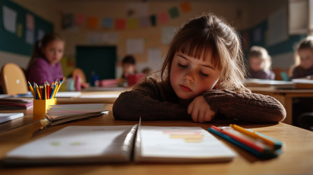 Cute little schoolgirl sleeping at desk in classroom during lesson. elementary schoolの素材